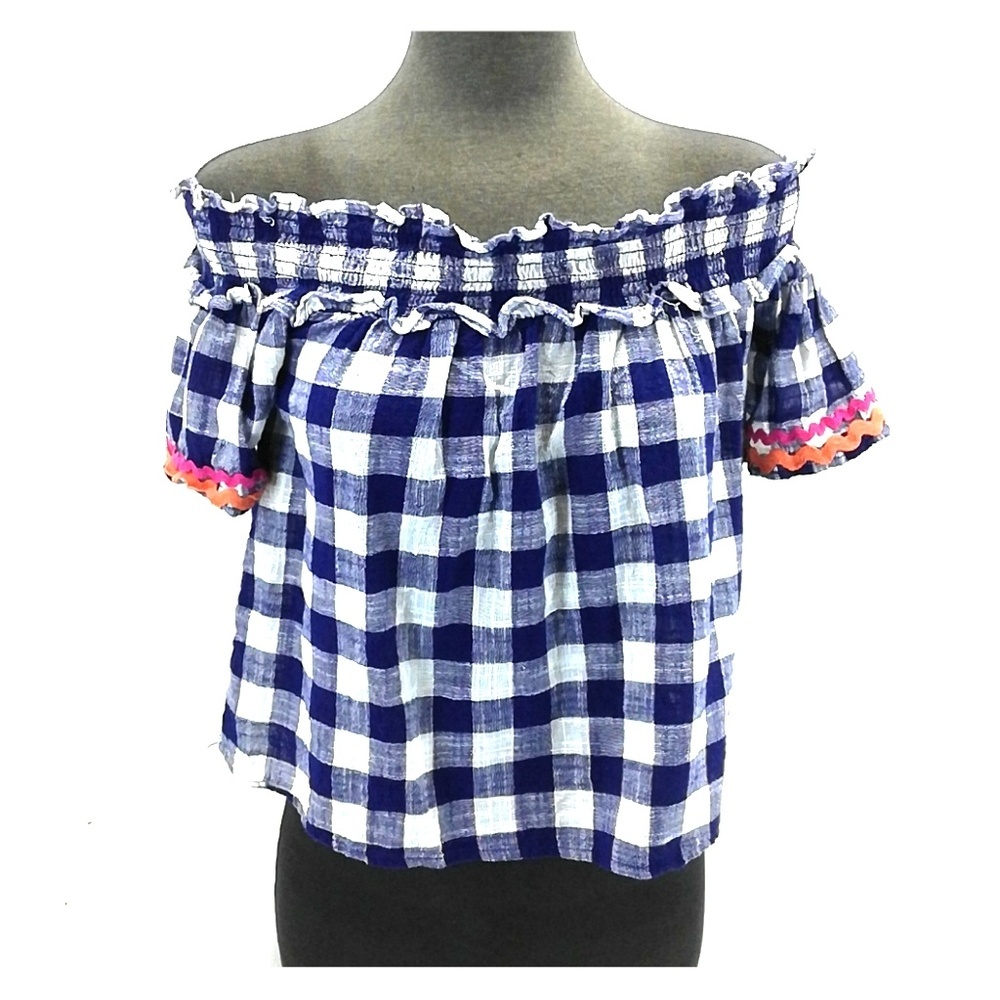 Derek Heart Blue and White Gingham Off-Shoulder Crop Top with Pink/Orange Trim